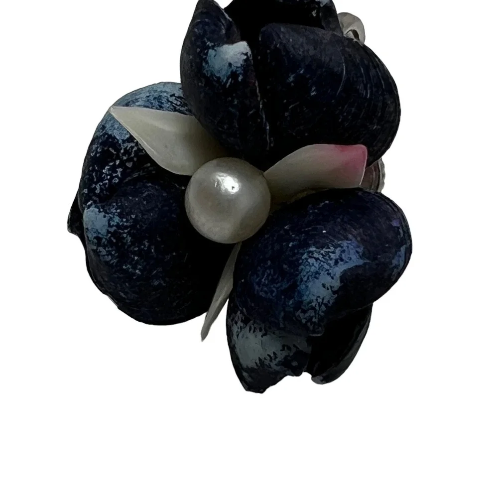 Vintage Flower Screw Back Earrings‎ Blue Shells with Faux Pearl Accent